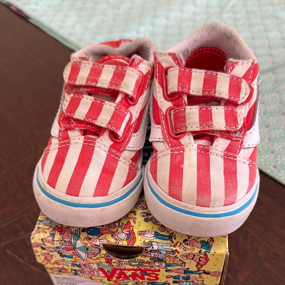 Vans Red and White Striped Sneakers with Velcro Straps